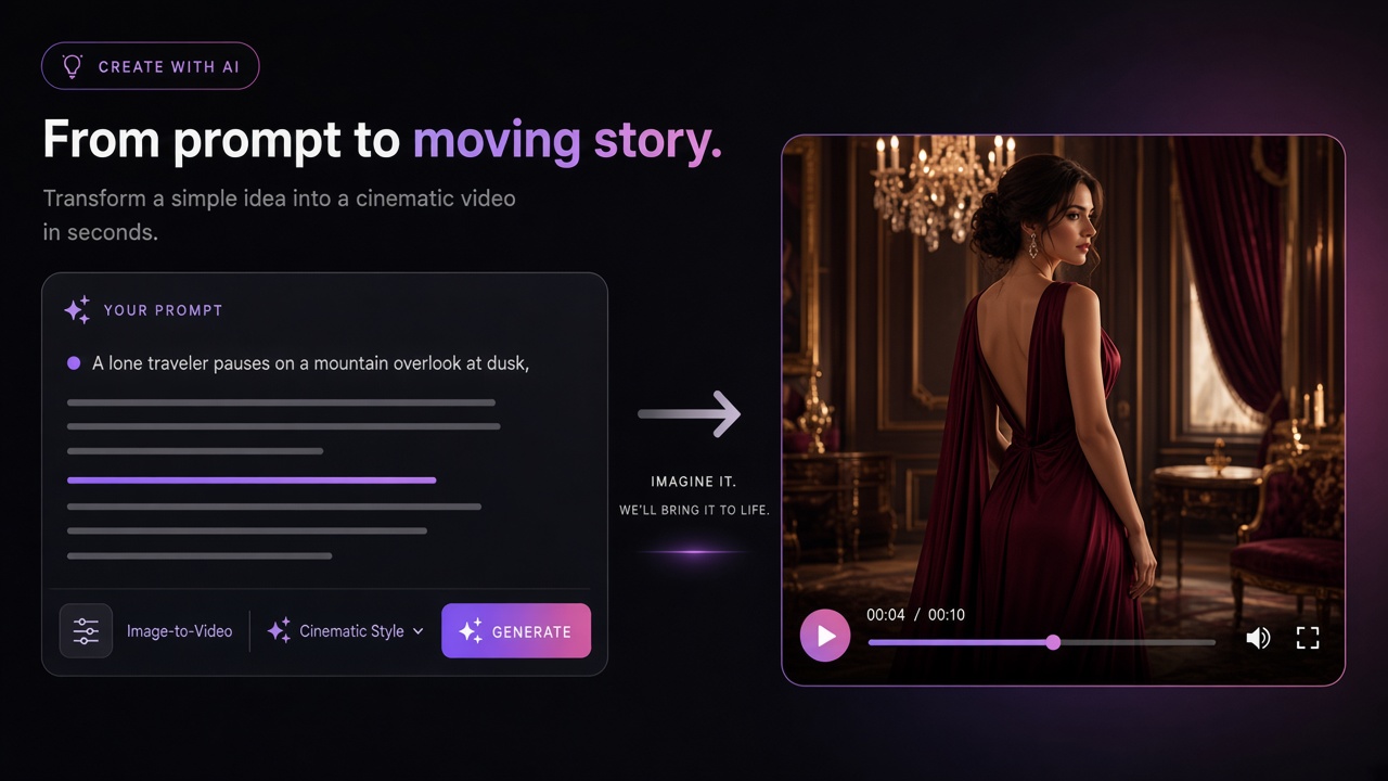 Illustration of an AI prompt interface generating a cinematic video featuring a fictional adult woman