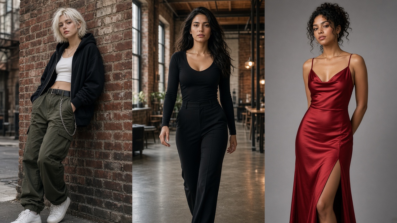 Collection of three different fictional adult women in street, loft, and studio styles