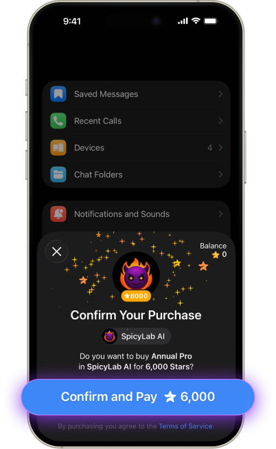 After choosing "Telegram Card", you will be instantly redirected to Telegram, where a payment popup for your SpicyLab subscription will appear.
